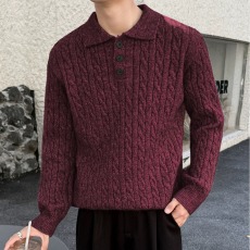 批发秋冬季慵懒风休闲轻奢翻领<b class='q'>男</b>polo衫简约纯色细条磨毛通勤针织毛衣