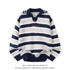 批发2025冬季新款毛衣藏青条纹设计感气质休闲宽松情侣针织套衫<b class='q'>男</b>女