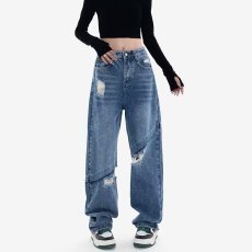 批发美式高街2025秋季新款今年流行爆款高腰<b class='q'>宽松</b>破洞弯刀阔腿牛仔<b class='q'>裤</b>子