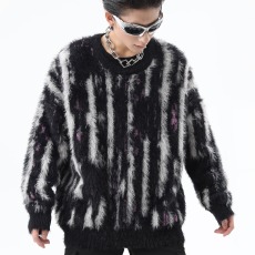 批发美式高街撞色竖条纹圆领<b class='q'>毛衣</b><b class='q'>男</b>秋冬复古慵懒宽松马海毛情侣针织衫