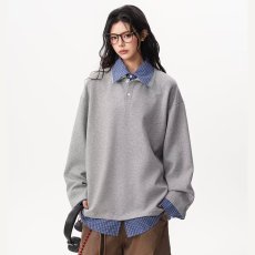 批发撞色<b class='q'>假两件</b>拼接<b class='q'>衬衫</b>领卫衣男女秋季长袖设计感上衣翻领宽松情侣款