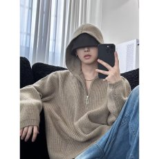 批发深灰色纯色针织连帽卫衣<b class='q'>男</b>秋冬半拉链打底衫慵懒风高级感毛衣