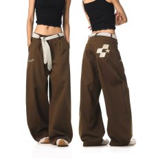 批发现货美式复古格纹腰带弯刀休闲裤女刺绣<b class='q'>设计</b>阔腿慵懒宽松长裤