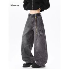 批发美式复古大口袋弯刀牛仔裤男宽松阔腿<b class='q'>设计</b>感解构拼接baggy长裤子