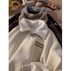 批发灯芯绒卫衣<b class='q'>男</b>加绒加厚秋冬chic港风保暖polo领上衣宽松2