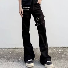 批发黑色vibe绑带微喇工装<b class='q'>牛仔裤</b><b class='q'>男</b>cleanfit美式高街<b class='q'>修身</b>喇叭裤子秋季