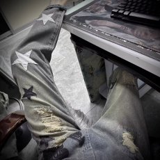 批发美式复古嘻哈高街星星贴布水洗做旧<b class='q'>牛仔裤</b>子男女潮牌阔腿长裤