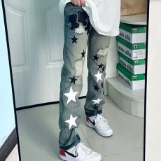 批发美式复古嘻哈高街星星贴布水洗做旧<b class='q'>牛仔裤</b>子男女潮牌阔腿长裤