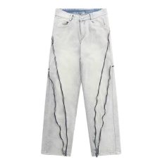 批发春夏季美式休闲浅色口袋水洗牛仔长裤男士百搭宽松潮牌撞色哈伦裤