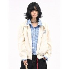 批发蓝白格纹假两件学院风翻领外套男女春秋<b class='q'>设计</b>感韩系穿搭情侣夹克