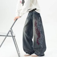 批发美式复古辣妹重工字母烫钻牛仔裤子女夏季<b class='q'>设计</b>感小众拖地阔腿长裤