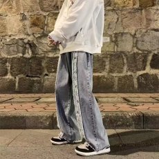 批发浅蓝色阔腿牛仔裤女春季新款高腰显瘦宽松<b class='q'>设计</b>感毛边直筒拖地长裤