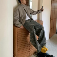 批发美式复古直筒酷飒风迷彩工装牛仔裤男女宽松<b class='q'>设计</b>感阔脚休闲裤