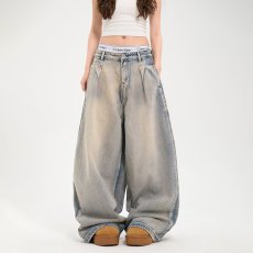 批发美式<b class='q'>设计</b>感小众褶皱水洗直筒牛仔裤女慵懒风宽松阔腿情侣拖地裤子