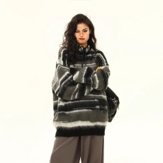 批发撞色条纹马海毛毛衣女男秋冬宽松慵懒圆领针织<b class='q'>衫</b>宽松休闲<b class='q'>情侣</b><b class='q'>外套</b>