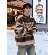 批发复古马海毛针织<b class='q'>衫</b>男冬美式条纹休闲毛衣高街潮牌宽松<b class='q'>情侣</b><b class='q'>百搭</b>上衣