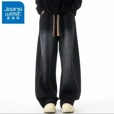 批发高街复古拼接<b class='q'>牛仔裤</b>男春秋季2025新款宽松男士<b class='q'>松紧</b>腰美式直筒裤子
