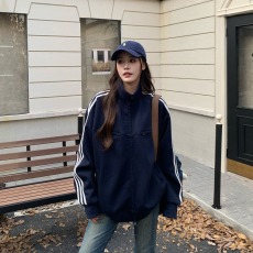 批发美式复古翻领藏青色卫衣外套女秋<b class='q'>冬</b>季小众休闲宽松韩系棒球服夹克