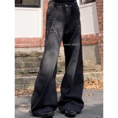 批发国潮复古阔腿哈伦<b class='q'>牛仔裤</b>男款春秋vibe风直筒扎染水洗拖地<b class='q'>微喇</b>裤子