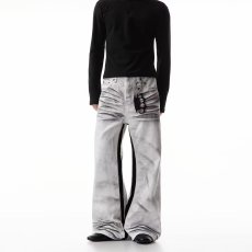 批发脏染做旧水洗压褶猫须白色<b class='q'>牛仔裤</b>男宽松直筒垂感阔腿潮牌痞帅裤子