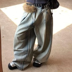 批发美式脏染水洗做旧直筒<b class='q'>牛仔裤</b>男女微喇vibe风复古宽松阔腿长裤拖地