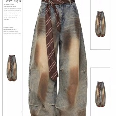 批发美式脏染水洗做旧直筒<b class='q'>牛仔裤</b>男女微喇vibe风复古宽松阔腿长裤拖地