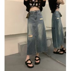 批发<b class='q'>大码</b>2025年新款复古破洞开叉牛仔半身裙女学生高腰宽松显瘦中长裙