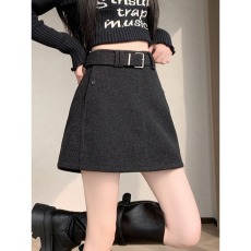 批发微胖mm高腰灰色毛呢a字半身裙<b class='q'>大码</b>秋冬灰色半裙防走光加厚短裙女