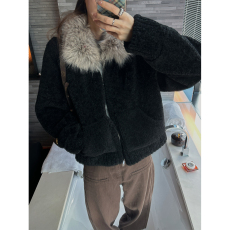 批发加厚500克羊羔绒复合麂皮+大毛领一美式复古毛领加厚<b class='q'>长袖</b>黑色上衣