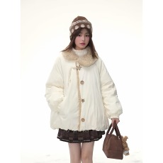 批发冬季新款小众甜美羊羔毛绒拼接翻领花苞棉服外套星星纽扣加厚棉袄