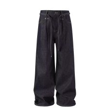 批发美式街头直筒阔腿深蓝色牛仔裤男女复古宽松cleanfit长裤子