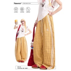 批发NERESUM复古条纹黄色格子裤女潮牌<b class='q'>街头</b>阔腿弯刀裤慵懒宽松休闲裤