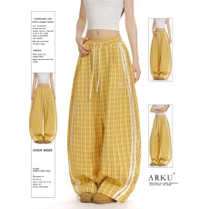 批发ARKU美式条纹拼接黄色弯刀格子<b class='q'>裤</b>女复古宽松显瘦慵懒风阔<b class='q'>腿</b>休闲<b class='q'>裤</b>