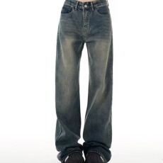 批发高街美式复古蓝做旧阔腿牛仔<b class='q'>裤</b>男女潮牌垂感宽松显瘦直筒拖地长<b class='q'>裤</b>