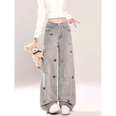 批发趣味小狗刺绣阔腿牛仔<b class='q'>裤</b>女春秋季设计感高腰宽松显瘦直筒拖地<b class='q'>裤</b>子