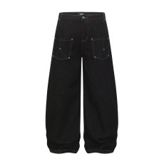 批发美式反穿插袋原色牛仔裤男垂感高腰阔腿裤修身微喇直筒长裤子夏季