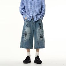 批发美式街头涂鸦印花牛仔中裤男秋季宽松潮牌复古七分裤子2025年日系