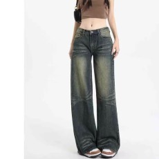 批发美式复古蓝牛仔<b class='q'>裤</b>女2025秋季新款高腰显瘦辣妹直筒阔<b class='q'>腿</b>窄版拖地<b class='q'>裤</b>