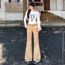 批发卡其色微喇工装牛仔<b class='q'>裤</b>女2025年新款美式复古弹力显瘦不贴<b class='q'>腿</b>喇叭<b class='q'>裤</b>