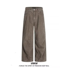 批发解构裁剪弯刀牛仔裤美式长裤春夏男褶皱百搭阔腿拖地长裤