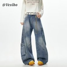 批发美式复古解构水洗弯刀牛仔<b class='q'>裤</b>男女微喇叭显瘦宽松休闲直筒阔腿长<b class='q'>裤</b>