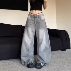 批发美式复古嘻哈<b class='q'>街头</b>水洗灰色弯刀牛仔裤女2025春秋季新款宽松阔腿裤
