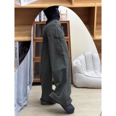 批发美式复古军绿色工装牛仔<b class='q'>裤</b>女2025秋季大码胖mm高腰宽松显瘦阔腿<b class='q'>裤</b>