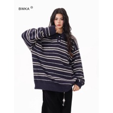 批发撞色条纹<b class='q'>polo</b>领毛衣女秋冬季复古老钱风仿貂毛针织<b class='q'>衫</b><b class='q'>男</b>女