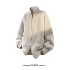 批发秋冬韩系双拉链针织外套男<b class='q'>长袖</b>休闲宽松简约立领针织<b class='q'>开衫</b>情侣毛衣