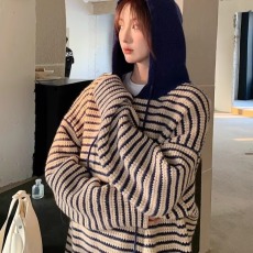 批发<b class='q'>秋冬</b>日系复古套头条纹毛衣男女宽松休闲慵懒风连帽针织衫上衣外套