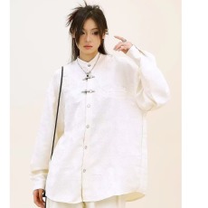 薄款流行ins日系宽松型长袖新中式蝴蝶提花盘扣衬衫翻领百搭潮流