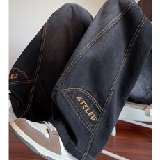 批发潮流男士束脚哈伦裤网红爆款<b class='q'>松紧</b>腰小脚裤黑色水洗做旧拼接<b class='q'>牛仔裤</b>