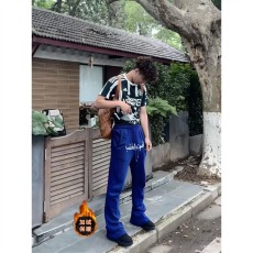 批发美式街头阿拉伯文刺绣藏蓝色微喇显瘦卫裤<b class='q'>男</b>女运动百搭<b class='q'>休闲</b>裤<b class='q'>长裤</b>