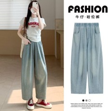 批发蓝色高腰牛仔裤女秋冬高腰休闲<b class='q'>哈伦</b>九分直筒<b class='q'>哈伦</b>牛仔萝卜裤